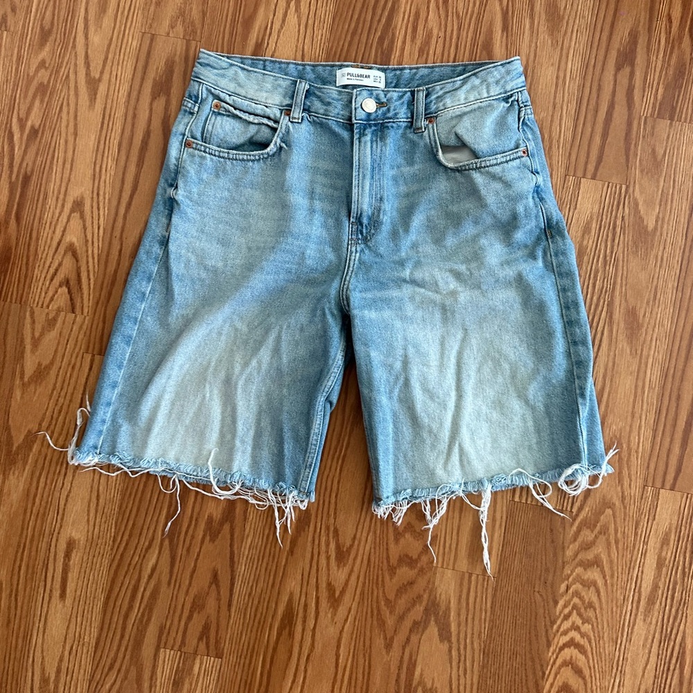Pull&Bear Blue Jean Shorts Distressed Raw Hem